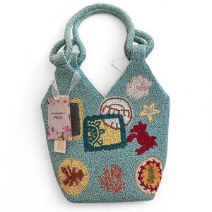 Made in India Blue beaded beach bag with seashell and crab design